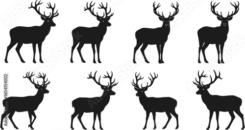 Silhouette Collection of Deer with Antlers in Various Poses for Wildlife, Forest, Nature, Animal, Hunting, and Outdoor Design Projects