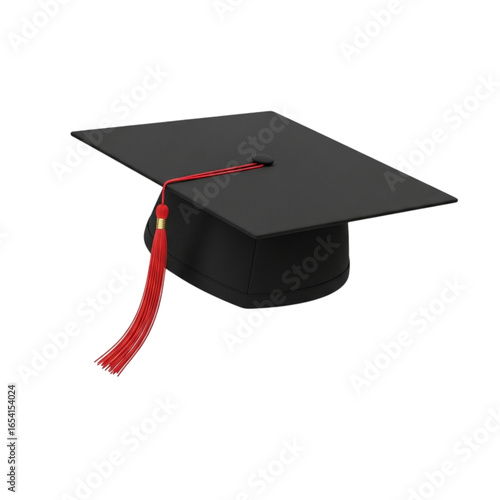 Academic graduation cap with red tassel isolated on transparent background