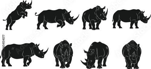Rhinoceros wildlife silhouettes collection featuring standing walking grazing charging poses, horned animal vector illustration set for nature conservation design projects