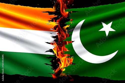 India and pakistan flags torn and burning in conflict
