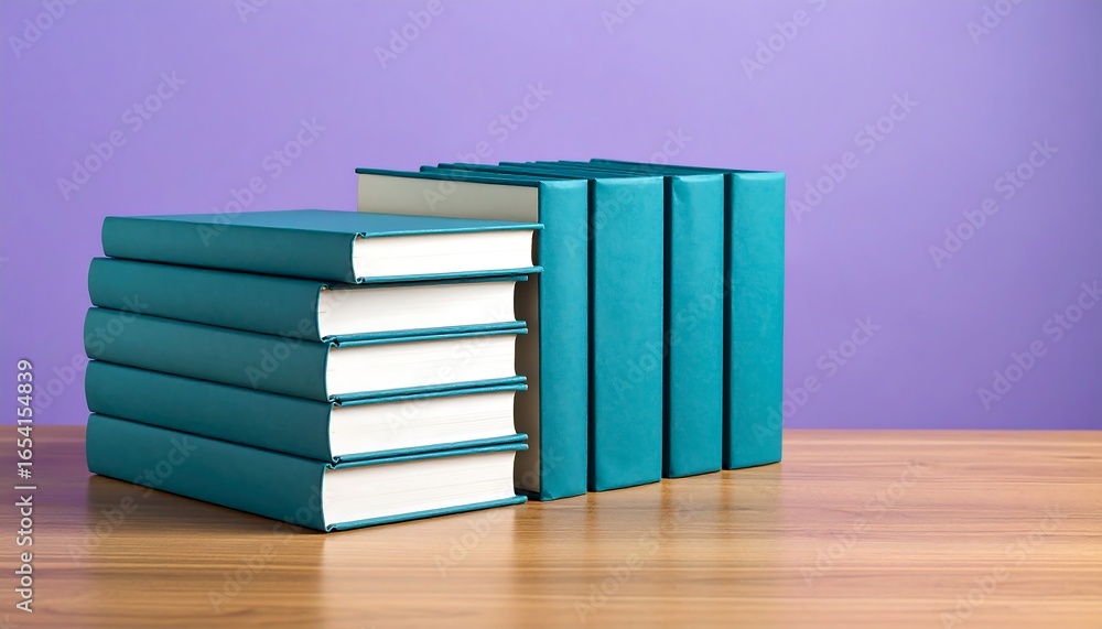 Naklejka premium Teal Books Stacked on Wooden Table Against Purple Wall