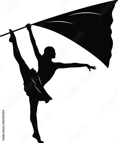 Elegant silhouette of female dancer holding flowing flag in graceful pose for performance, artistic, creative, ballet, movement, and design projects