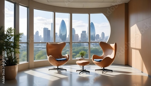 Stylish office interior with modern egg chairs and a stunning city view