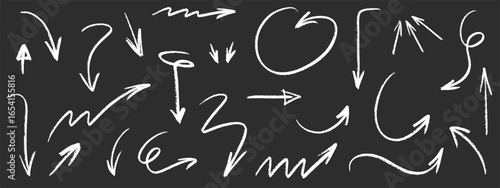 Crayon arrows doodle chalk icons set. Hand drawn brush chalk stroke arrow curve, thin pencil scribble shape with vintage charcoal crayon texture. Direction pointers. Vector illustration