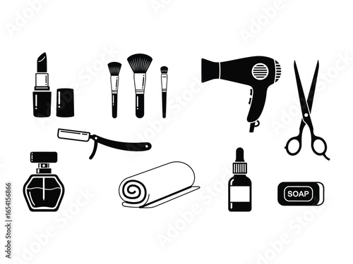 Beauty Essentials: A sophisticated collection of beauty essentials arranged to reflect the core of beauty treatments and hair care and style. The image exudes elegance and grace.