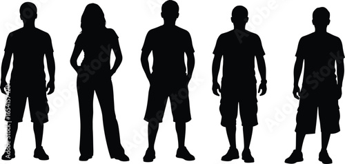 Black and white silhouettes of five diverse people standing in casual clothing vector illustration for design projects and stock content