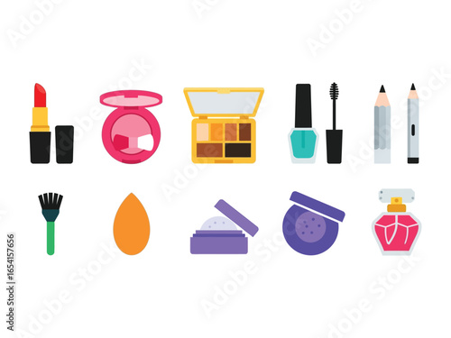 Beauty Essentials: An array of makeup products is meticulously arranged, showcasing everything from lipstick to eyeshadow and nail polish. A celebration of cosmetic artistry and beauty