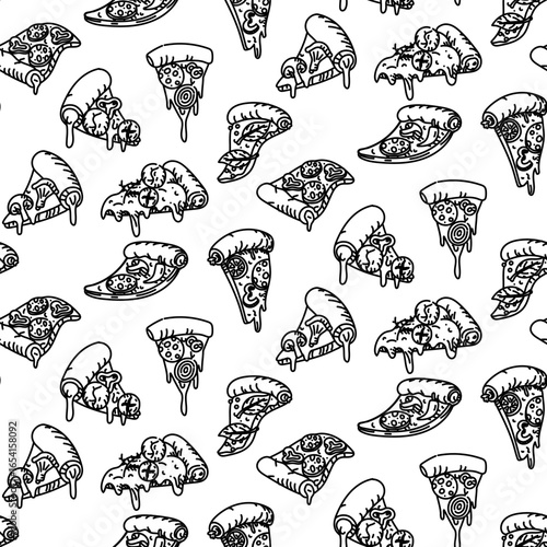 A pattern of triangular slices of diverse pizza in a doodle style. An engraving, a monochrome hand-drawn drawing in a seamless texture. Pizza with different toppings. The diverse slices are chaotic.