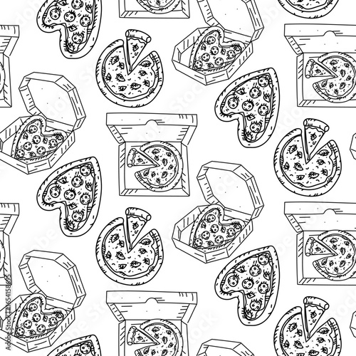 Pizza pattern in boxes and without in doodle style. Engraving, monochrome hand-drawn pattern in seamless texture. Round with triangular piece, heart-shaped pizza, various toppings, packed for delivery