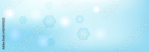 Health care or medical abstract background with hexagons, lines and dots. Scientific innovation banner template concept. Biology and pharmaceutical technology background. Vector illustration.