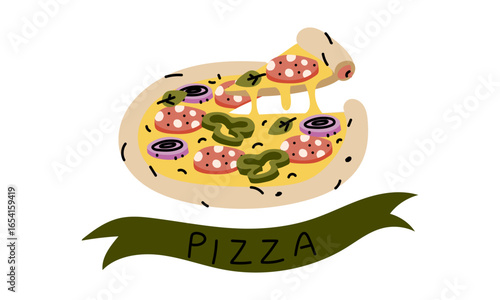 Pizza tape, round pizza with cut-off piece. Triangular piece with stretching cheese. Cheese, sausage, onion. Pepper. Green. Flat color illustration with doodle lines. Marketing of an Italian pizzeria