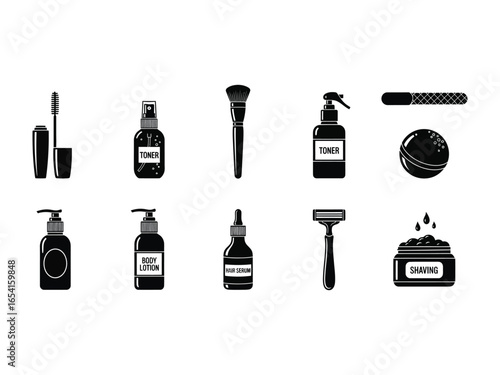 Beauty Essentials Illustration: A curated collection of essential grooming and cosmetic items, artistically presented in a monochrome line art style.