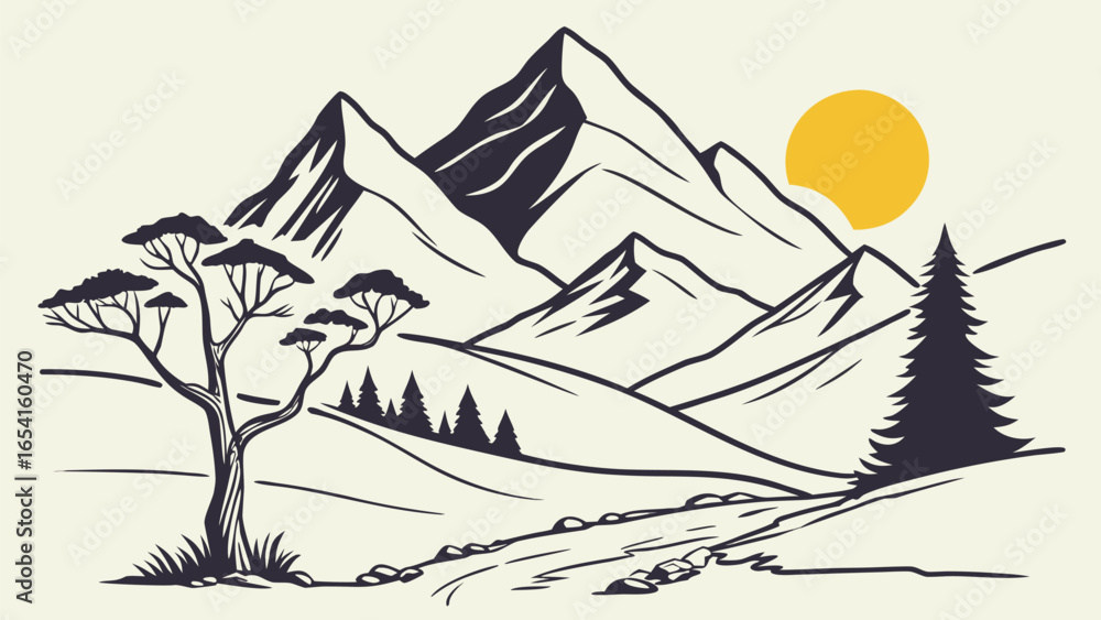 Fototapeta premium Illustration of a mountain landscape with a tree, a path, and a sun in the sky in a minimalist style