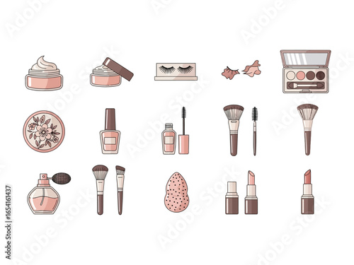 Cosmetic Arrangement: A curated array of beauty essentials, illustrated with clean lines and soft colors, offering a peek into the world of beauty and self-care.