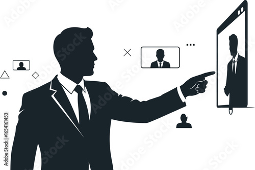 A businessman is giving an online presentation or attending a video conference