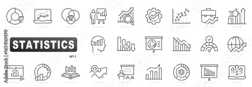 Statistics and analytics icons: data charts, graphs, dashboards, KPIs, forecasts, reports, presentations, metrics, performance, business growth, editable vector outline stroke