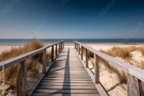 Wooden Path Leading to Sandy Beach on Summer Day