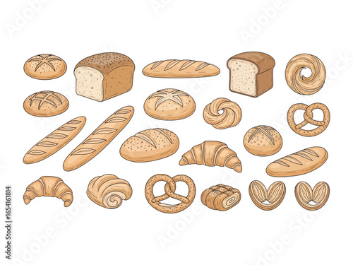 Artisan Bakery Selection: A delightful assortment of freshly baked bread and pastries, with textures, inviting aromas that embody the comforting essence of a classic bakery. 