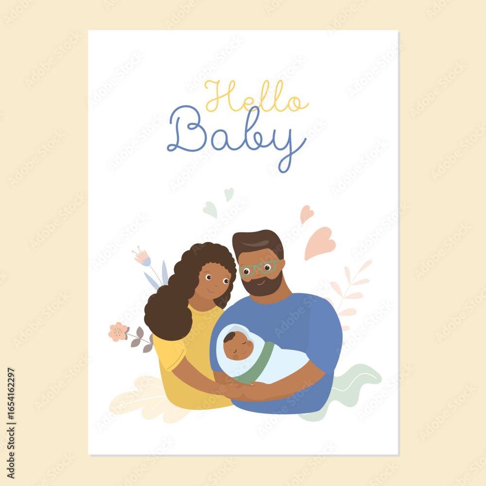 Fototapeta premium African american family with cute baby. Happy mother and father holding infant child in arms. Parents with newborn, hello baby. Love and care for loved ones.