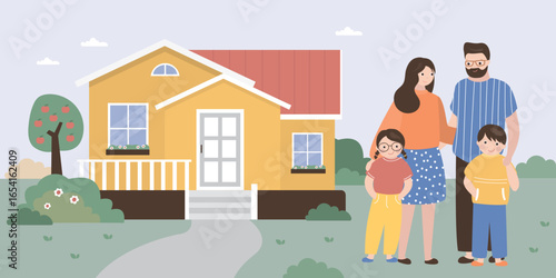 Happy family portrait. Man, woman and children stand side by side before house. Single cottage, rustic house. Parents and cute kids. Friendship, happiness and family values.