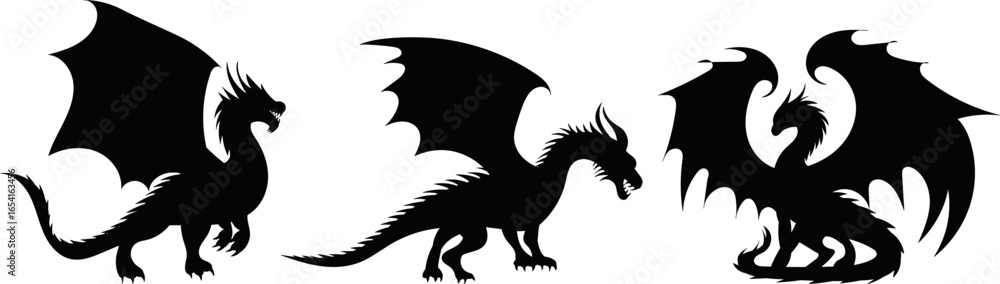 Naklejka premium dragons in different angles silhouette vector
