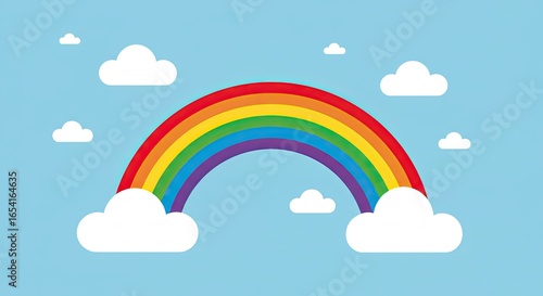 Bright Colorful Rainbow with White Clouds on Blue Sky Background Illustration