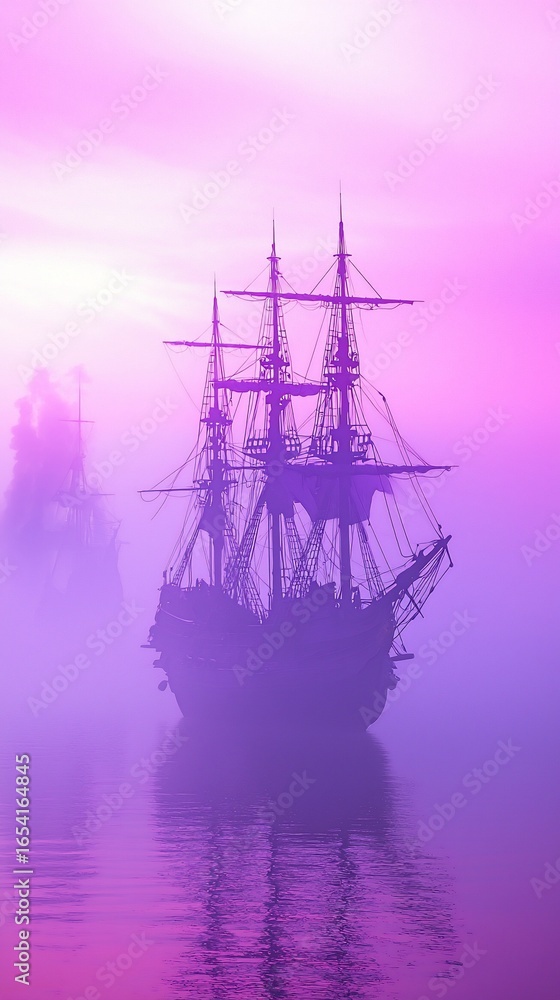 Fototapeta premium Vintage frigate sailing amidst ethereal mists under vibrant purple-pink skies