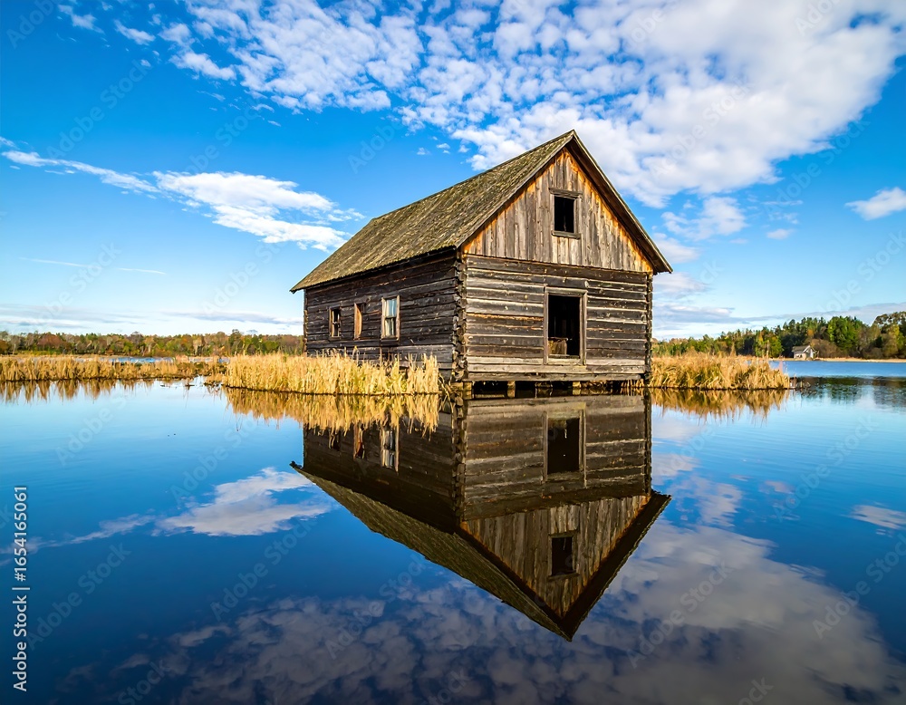 Obraz premium Rustic wooden cabin reflection