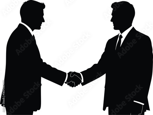 Silhouette of two businessmen shaking hands, symbolizing a successful agreement and partnership