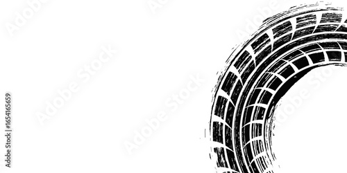 Tire track. Car, bike, motorcycle tyre mark with grunge effect isolated on white background. Wheel footprint on the road. Top view of rubber protector mark