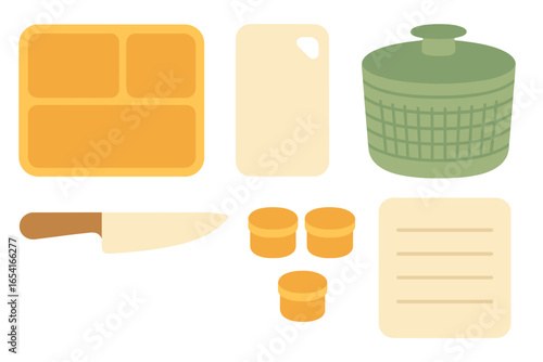 Assorted kitchen utensils and food prep items like bento box, knife, and salad spinner on gradient background