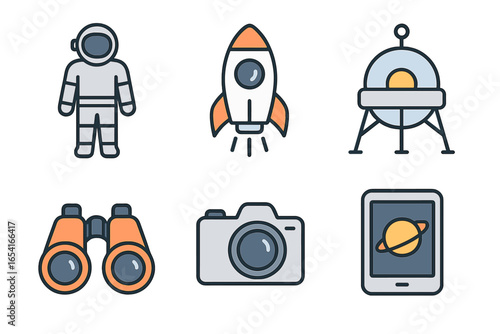 Stylized space exploration and observation icons: astronaut, rocket, lunar lander, binoculars, camera, and tablet with planet