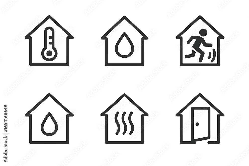 Smart home icons for temperature, water, motion, humidity, heating, and door access, set against a dark background Smart home icons for temperature, water, motion, humidity, heating, and door access, set against a dark background
