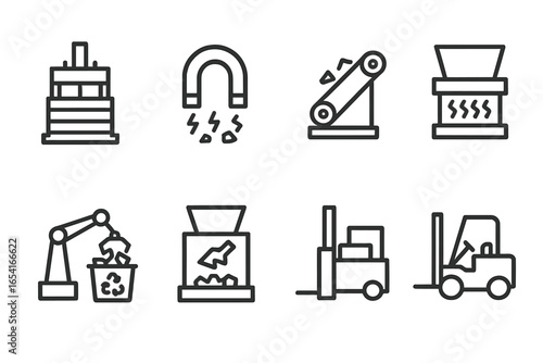Industrial processing and logistics icons: press, magnet, conveyor, furnace, robot arm, shredder, forklift