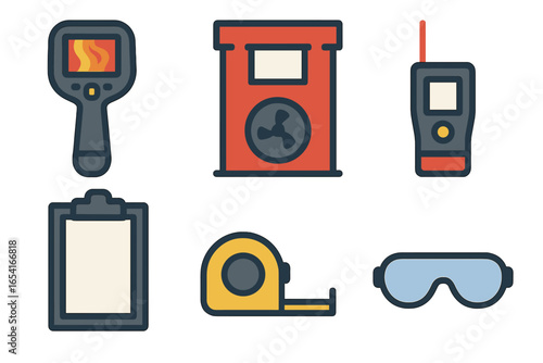 Industrial safety and measurement tools: thermal imager, ventilation, laser measure, clipboard, tape measure, safety goggles