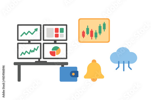 Financial trading station with multiple monitors showing charts, wallet, bell, and cloud icon for digital finance and market analysis
