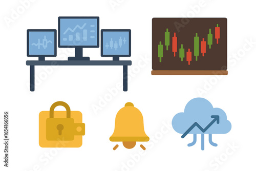 Financial trading workstation with multiple monitors, stock charts, secure wallet, and cloud analytics for investment and digital finance