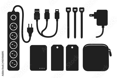 Minimalist dark theme collection of electronic accessories: power strip, USB cables, wall adapter, power bank, tags, and storage pouch