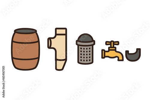Plumbing and water supply components: barrel, pipes, filter, faucet, drain in modern graphic style