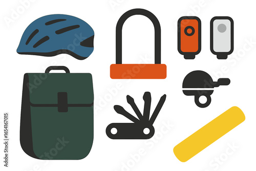 Essential bicycle accessories collection with helmet, lock, multi-tool, bag, bell, and lights, glowing on gradient background
