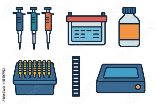 Laboratory equipment assortment: pipettes, rack, bottle, and scientific tools for research and analysis