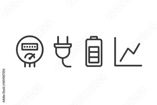 Energy consumption icons and financial growth chart on dark background, power usage and economic trends