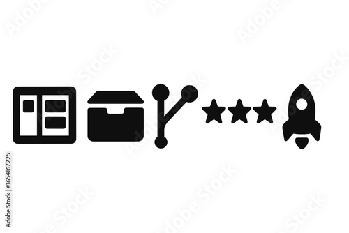 Dark UI icons for project management, file organization, branching, rating, and launch, set on a gradient background