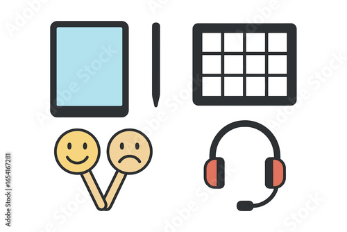 Digital user feedback icons: tablet, stylus, headphones, and emotion faces on dark background