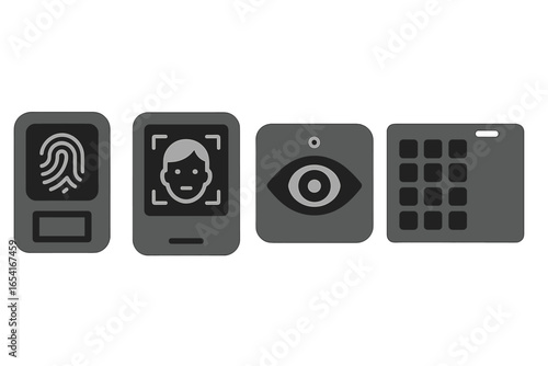 Security and identification icons: fingerprint, face recognition, eye scan, keypad for access control and authentication