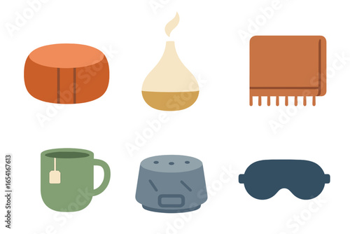 Cozy relaxation items like tea, diffuser, and sleep mask, glowing softly for comfort and well-being