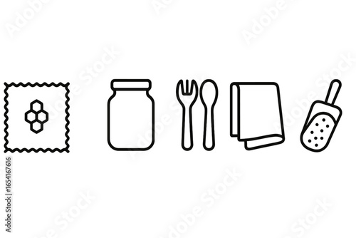 Minimalist line icons for kitchen utensils and food preparation, featuring a honeycomb pattern, jar, fork, spoon, napkin, and scoop