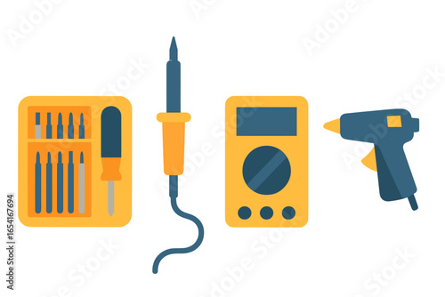 Electronic repair tools collection: soldering iron, multimeter, glue gun, screwdrivers with glowing effect on dark background