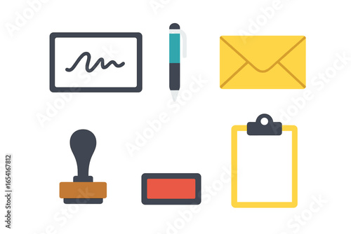 Neon office and stationery icons glowing on dark background, business and communication symbols