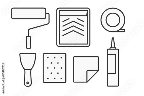 Modern line art collection of painting and repair tools, featuring roller, tray, tape, putty knife, sponge, and adhesive dispenser